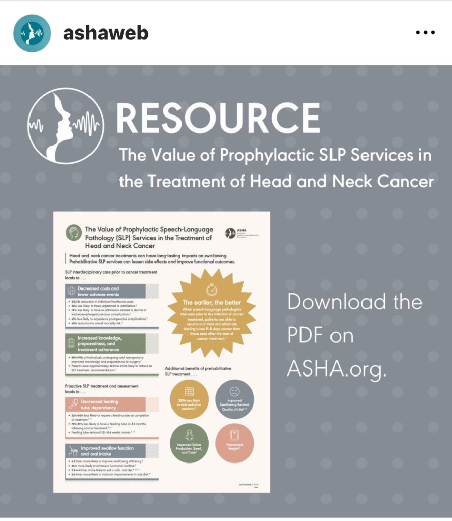 Social media image with image of ASHA resource and text RESOURCE
The value of prophylactic SLP services in the treatment of head and neck cancer