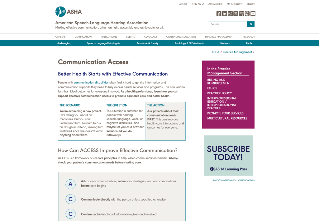 Screenshot of Communication Access webpage of ASHA.org